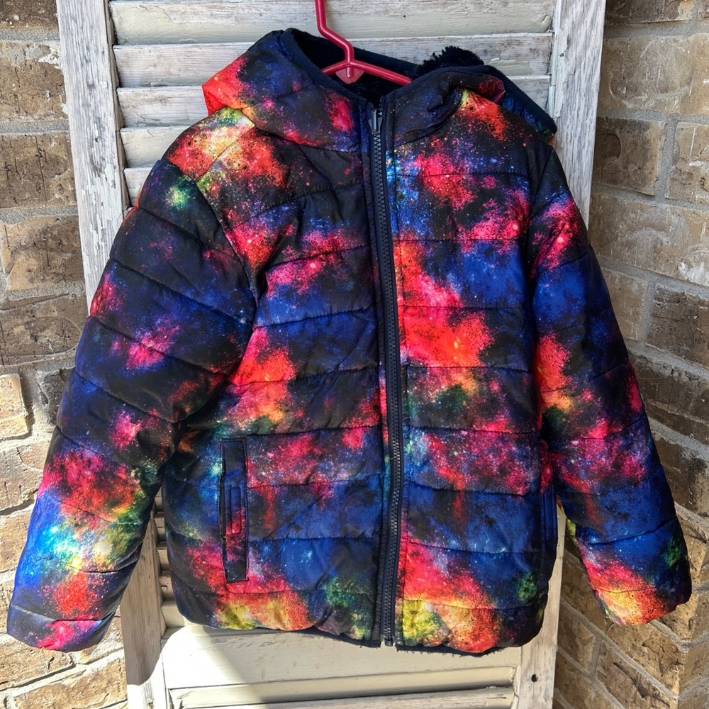 LANDS' END Little Girls 5/6 Rainbow Galaxy Reversible Insulated Jacket coat.